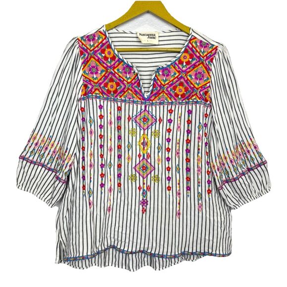 Savanna Jane Tops - Savanna Jane Womens Floral Embroidered V Neck Tunic Top Size L Boho Peasant